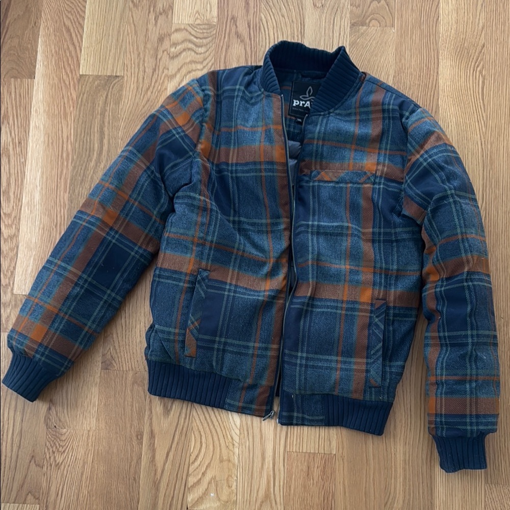 +PRANA+ Plaid Showdown Blue and Brown Bomber Jacket